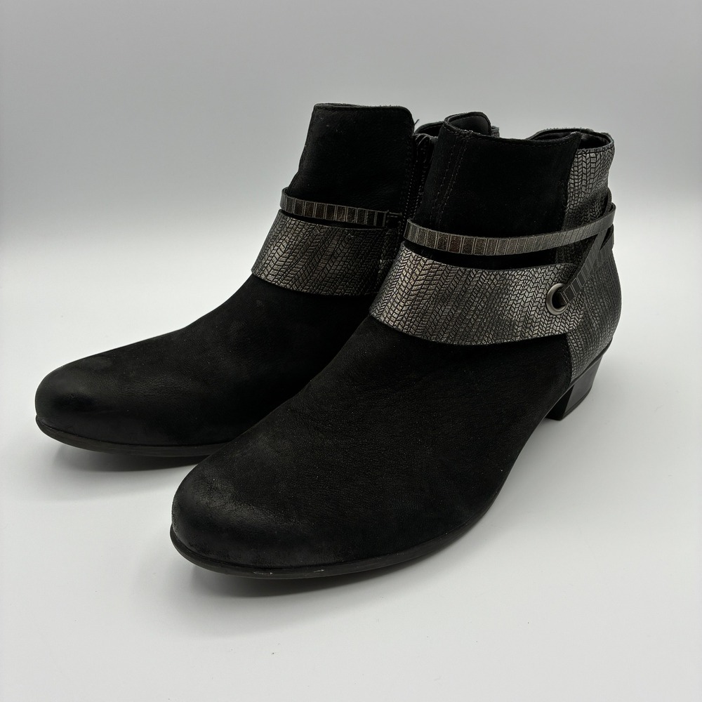 Remonte Ankle Boots Womens 39 US 8 Black Leather Metallic Straps Block Heel Zip